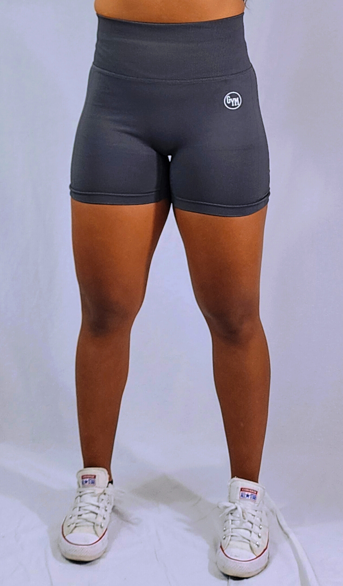 Gym Brand Apparel grey shorts front view.