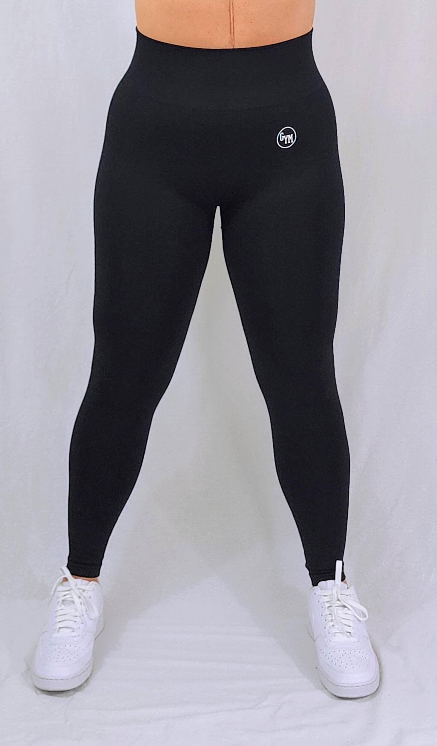 Gym Brand Apparel black leggings front view.