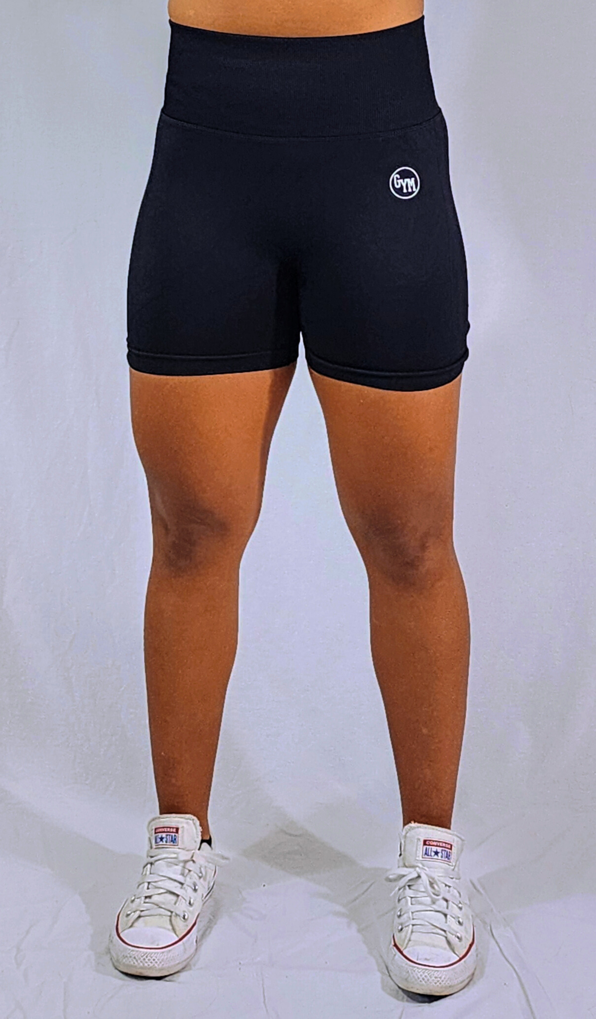 Gym Brand Apparel black shorts front view.