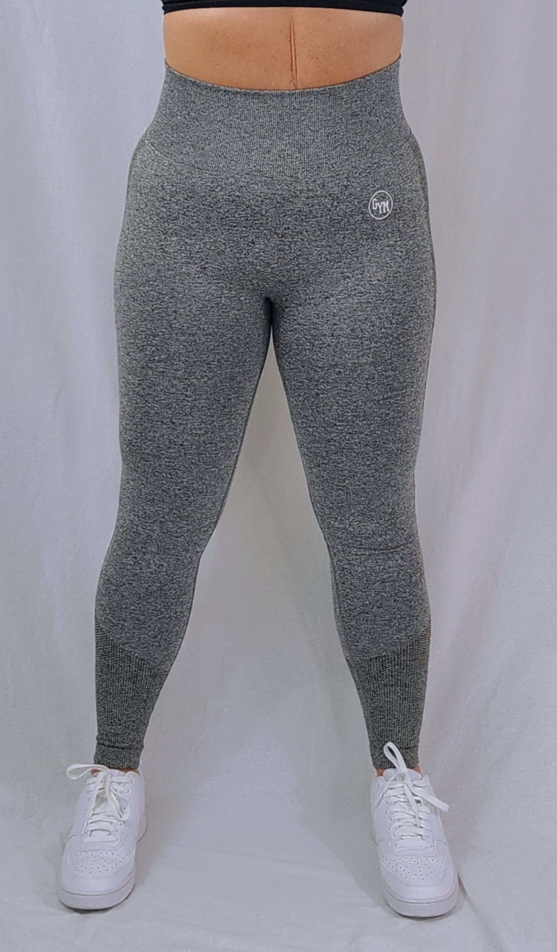 Gym Brand Apparel grey leggings front view.