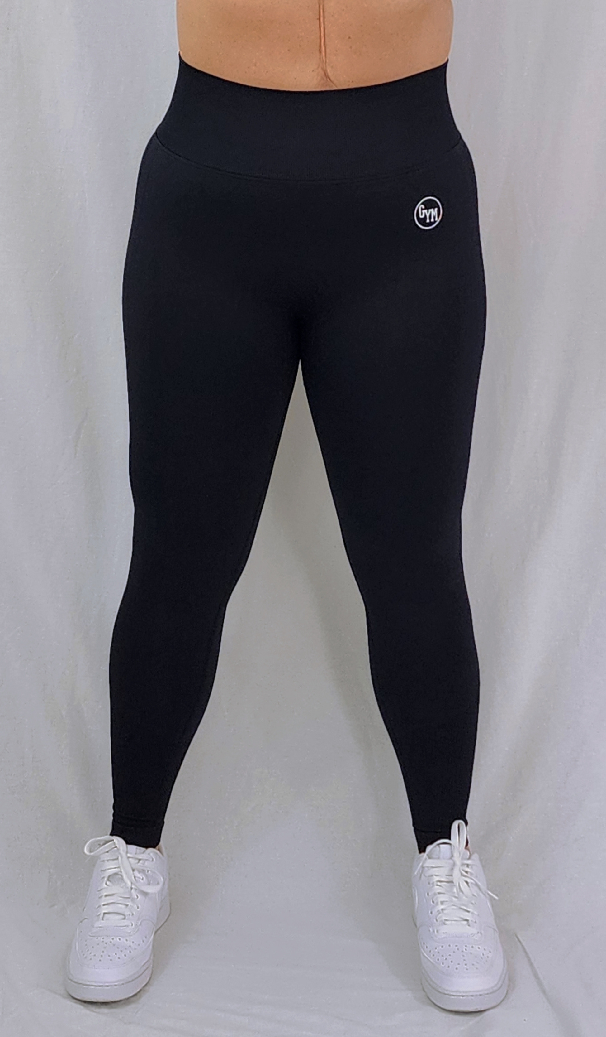 Gym Brand Apparel black leggings front view.