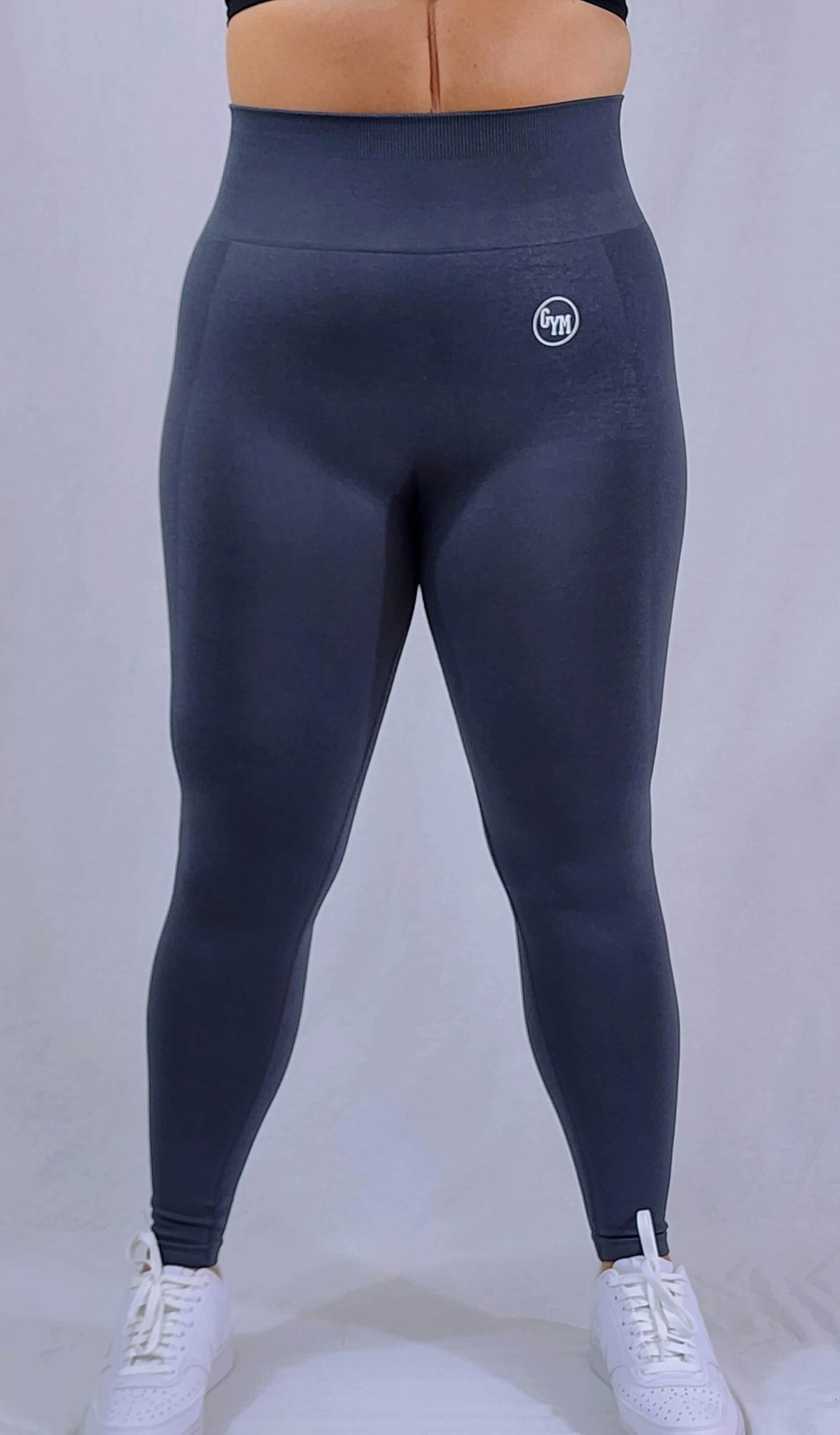 Gym Brand Apparel dark grey leggings front view.