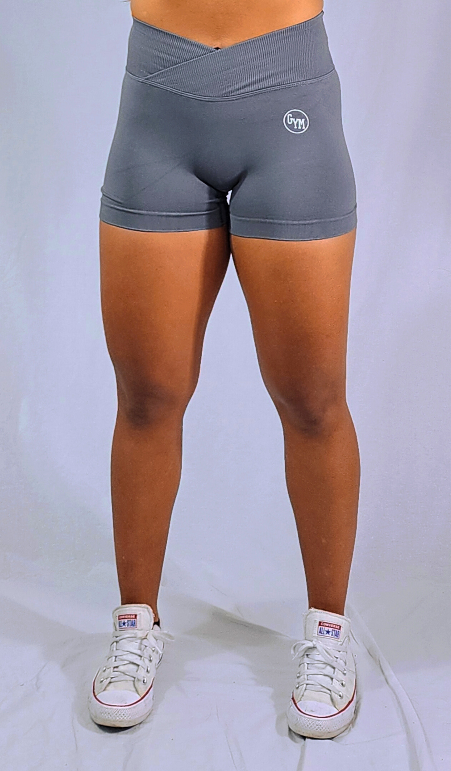 Gym Brand Apparel grey shorts front view.