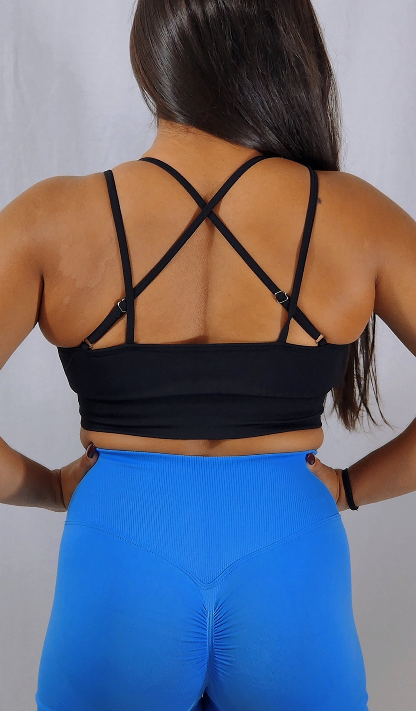 Gym Brand Apparel black strap back bra back view.