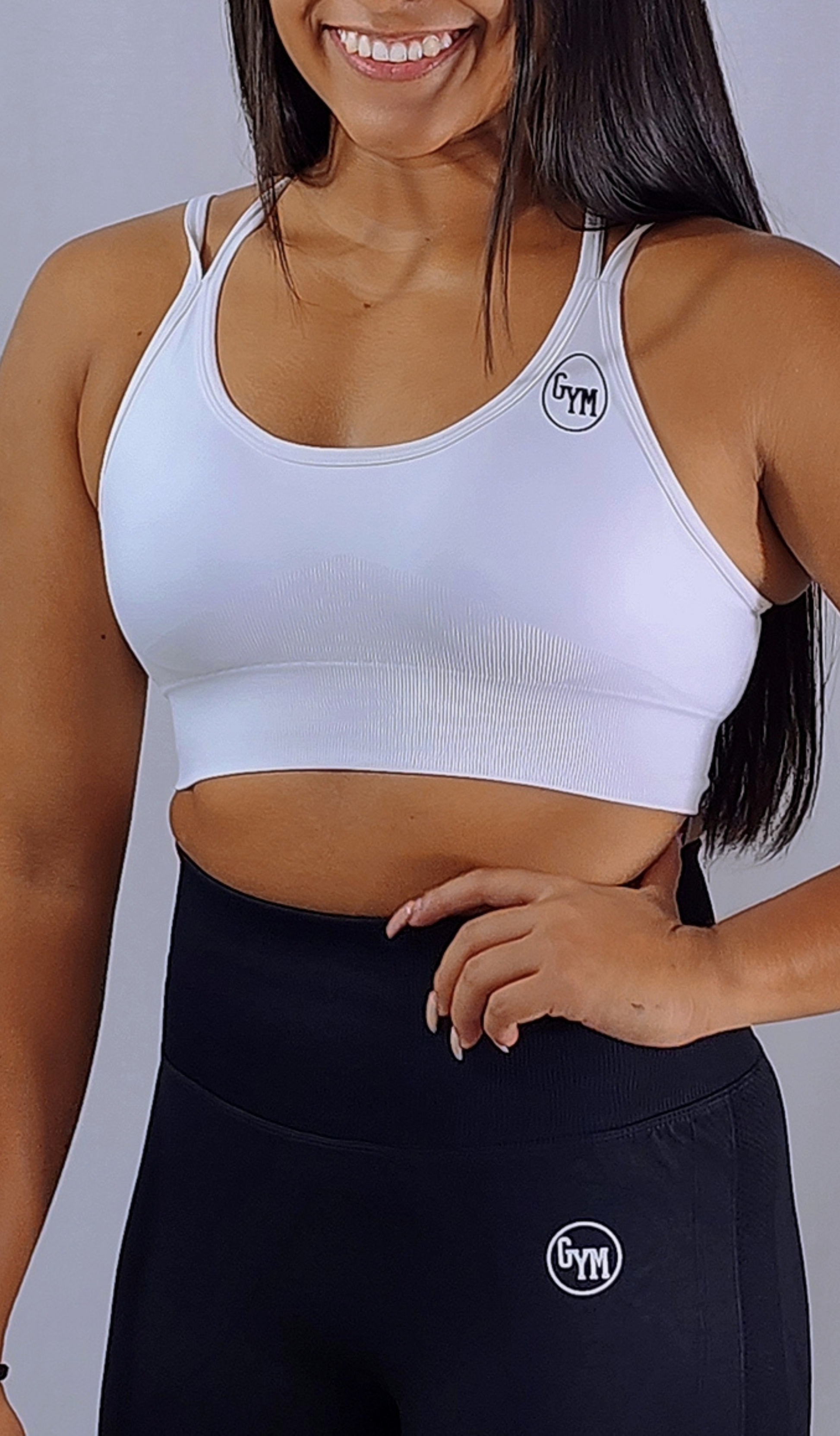 Gym Brand Apparel white strap back sports bra front view.